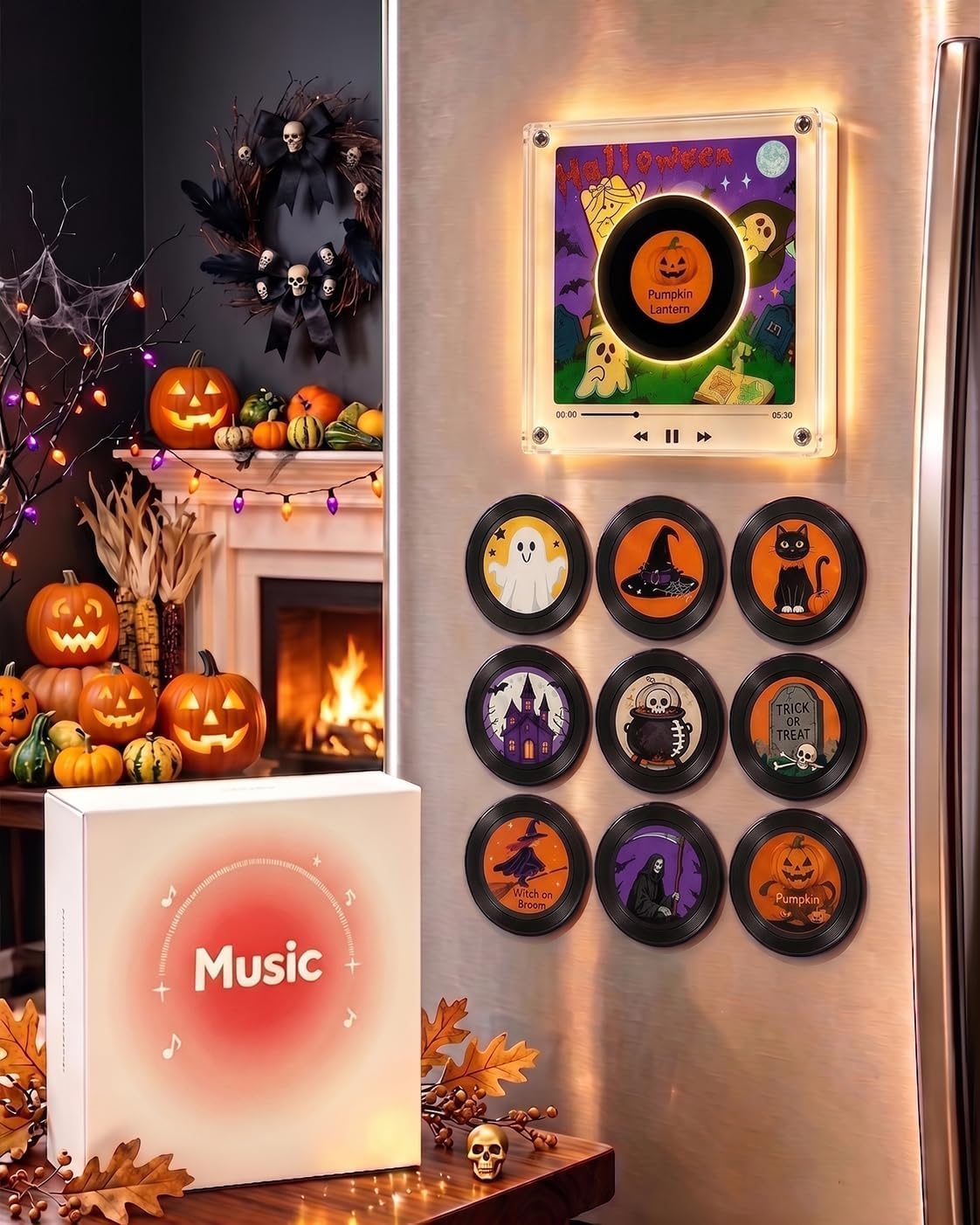 Weihnachts-Retro-Kühlschrankmagnet aus Vinyl Set, Mini NFC Musik Player mit 9 NFC-Discs und dynamischer LED-Beleuchtung, Weihnachtlicher Kühlschrankmagnet mit Beleuchtung, Kreative Musik Dekoration(F)
