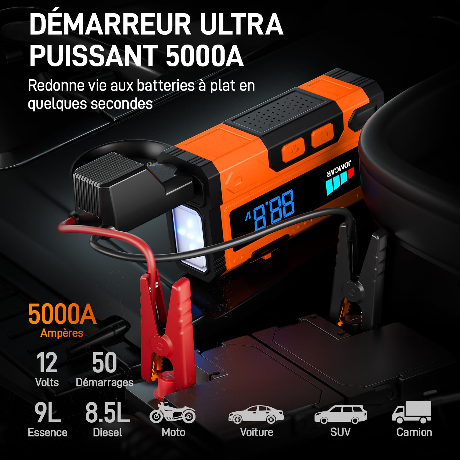 JDMCAR Booster Batterie Voiture 5000A, 12V Démarreur Batterie Voiture (jusqu'à 9.0L Diesel/8.5L Essence), Jump Starter avec LED, Booster Pinces Intelligentes, Protections Multiples Auto Moto SUV A