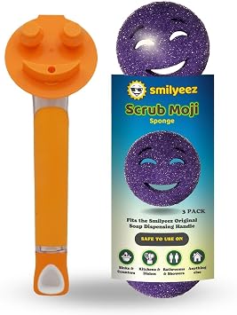 The Original Smiling Handle for Scrub Daddy Reg. TM Sponge and Scrub Moji Sponge - Orange Handle & 3 Purple Scrub Mojis