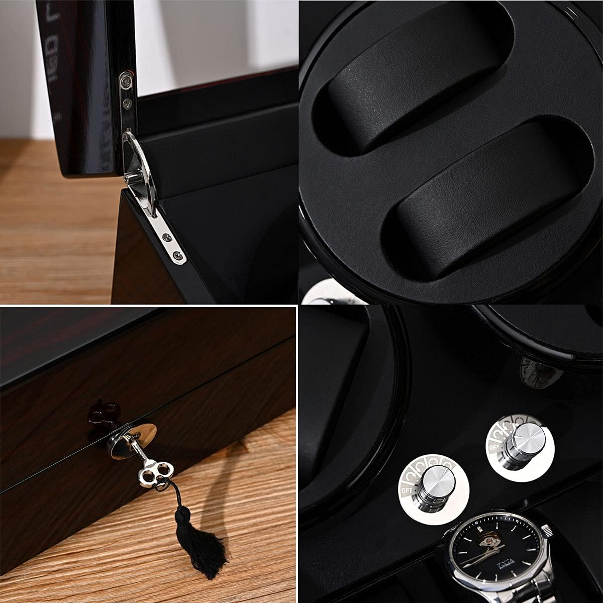 ウォッチボックス 自動ウォッチローラーボックス、4つのウォッチワインダーポジションと6つのディスプレイ収納スペース付き、男性用と女性