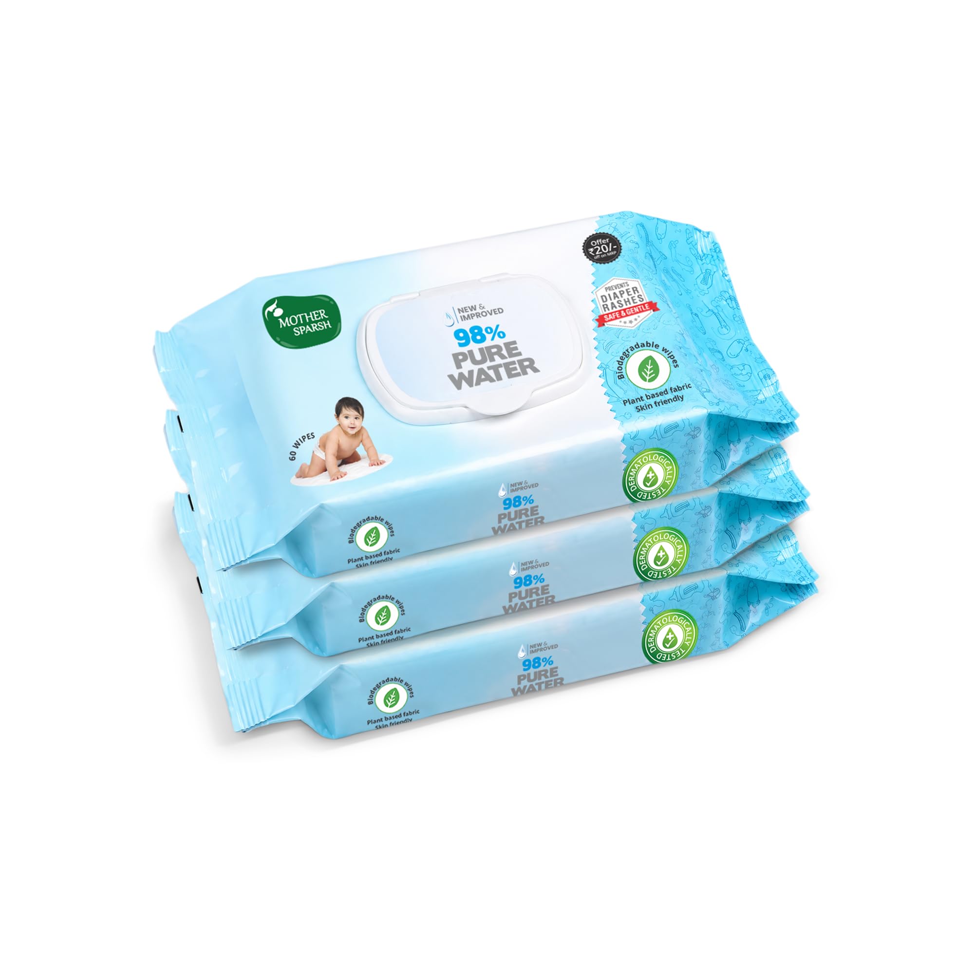Mother Sparsh 98% Water Based Baby Wipes I Wet wipes made with Plant Fabric I 60 Pcs (Combo Offer Pack of 3)