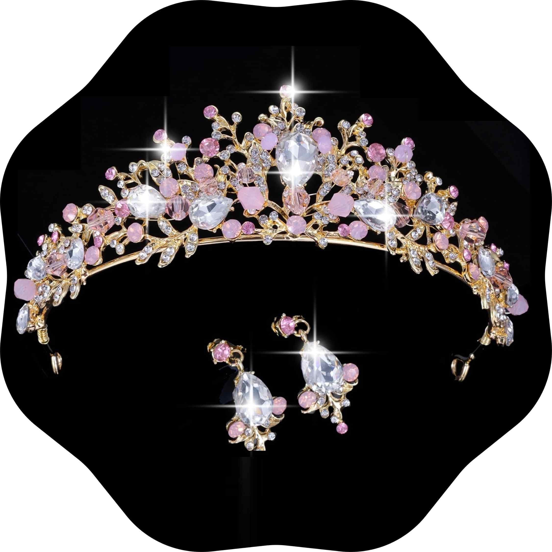 Kamirola Wedding Crown Bridal Tiaras with Earrings Pink Purple Headband for Women and Girls Birthday Party Wedding Prom (Pink) …
