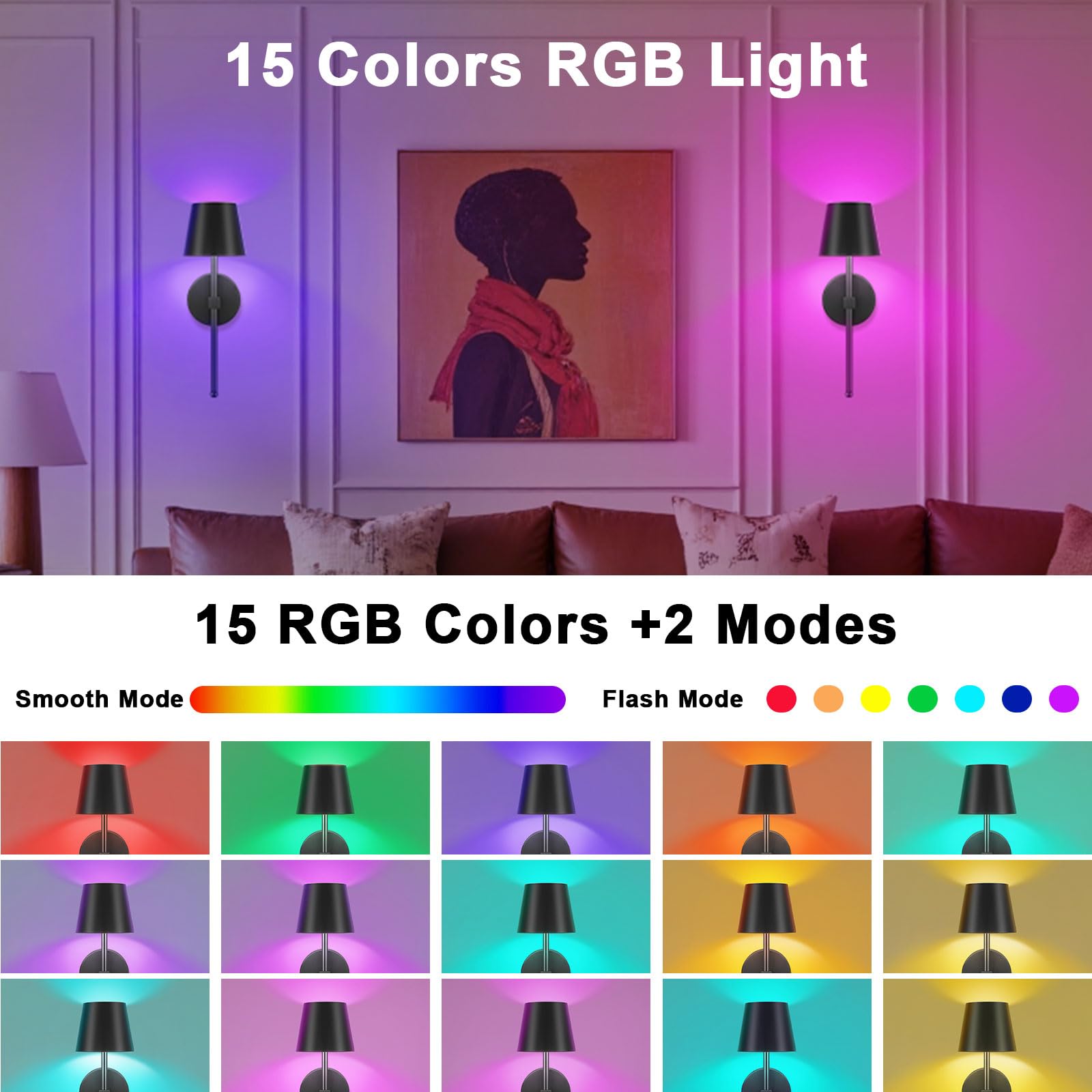 2 Stück Akku Wandleuchte Innen 5200mAh, LED Wandlampe Ohne Stromanschluss mit Fernbedienung RGB für Wohnzimmer Schlafzimmer Flur, Schwarz