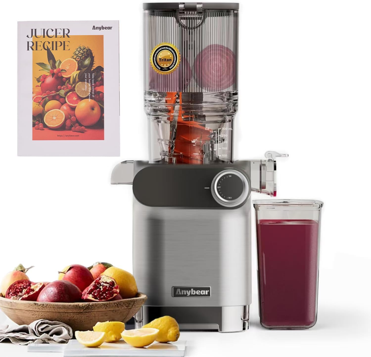Anybear Cold Press Juicer 200W Masticating Slow Juicer 4.3" Large Feed Chute Fit Whole Fruits Vegetables | Upgraded Auger | Tritan Material | BPA Free | Juice Recipes (Silver)