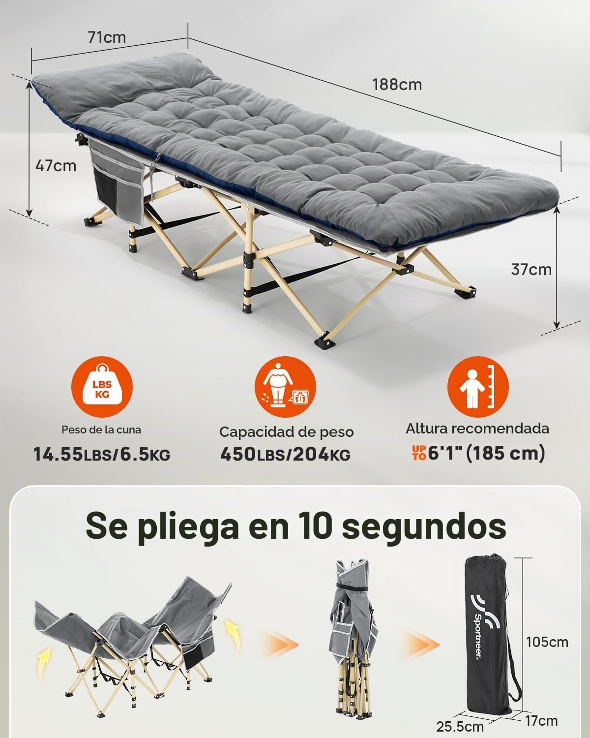 Sportneer Cuna de Camping portátil con colchón, cunas de Dormir Plegables para Adultos, 188 x 71 x 35 cm Cama de Campamento Plegable Resistente con Acolchado para Camping