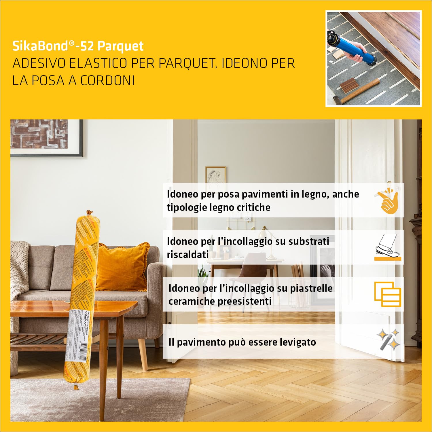 SIKA - Colla per parquet - Sikabond 52 Parquet, Marrone - Formato pratico per piccole riparazioni o rifiniture - Massima tenuta su ogni tipo di massetto e legno - 600ml