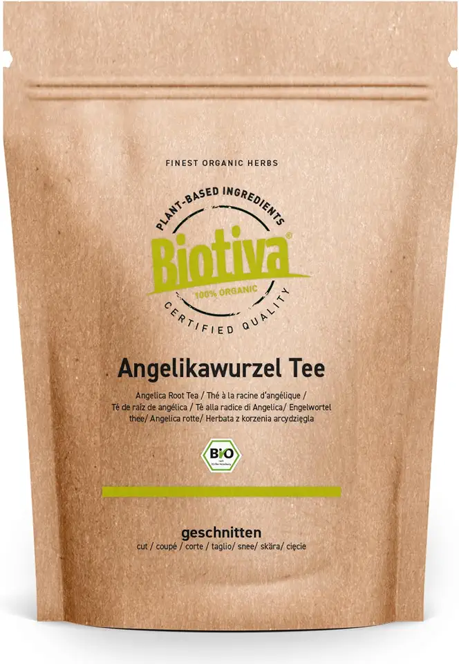 Engelwurz bei Verdauungsstörungen 3 Angelikawurzel Tee Bio 100g - Engelwurz geschnitten - Angelica Archangelica - Angelikatee - Abgefüllt und kontrolliert in Deutschland - Biotiva