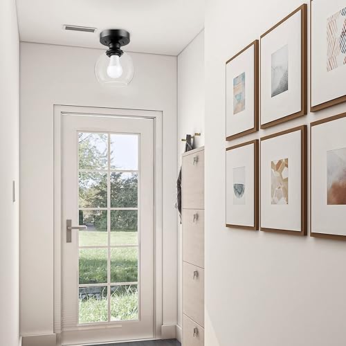 Miniatura 9 de Industrial Semi Flush Mount Ceiling Light, Vintage Hanging Ceiling Lamp, Seeded Glass Pendant Lamp Shade, Farmhouse Light Fixture for Porch Hallway