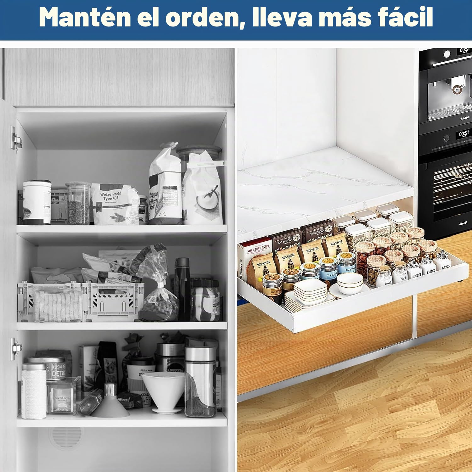 2 Cajones Extraibles para Cocina - Cajón Extraíble Mueble con Bandeja Extraible Armario Cocina, Ancho Ajustable 32-52cm, Sistema de Rieles Sin Taladrar, Organizador Armario Extensible Blanco