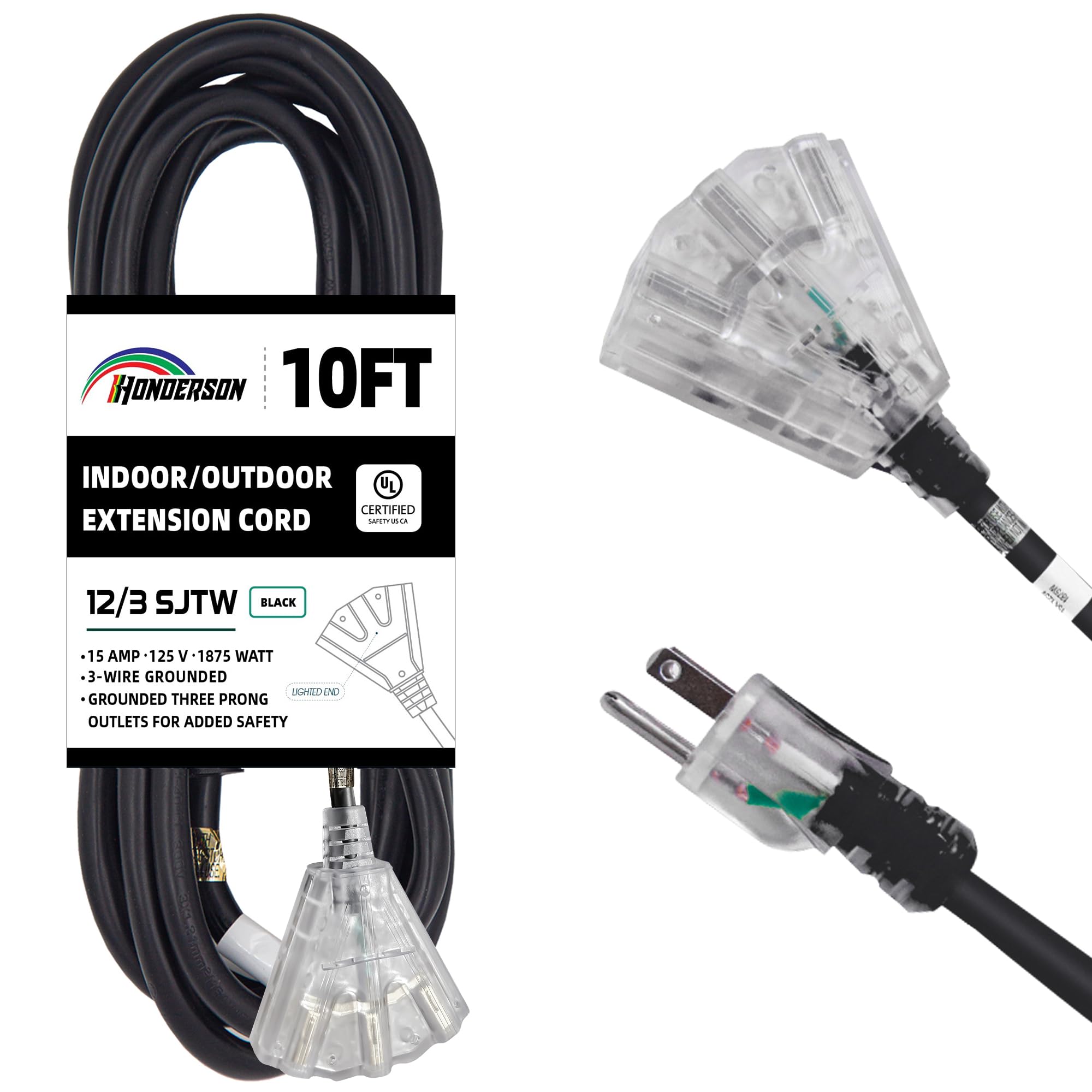 HONDERSON 3-Outlets Indoor Outdoor Extension Cord Weatherproof with Lighted End, UL Listed, 12 Gauge 10FT Black 3 Prong Heavy Duty, 12/3 SJTW 15A