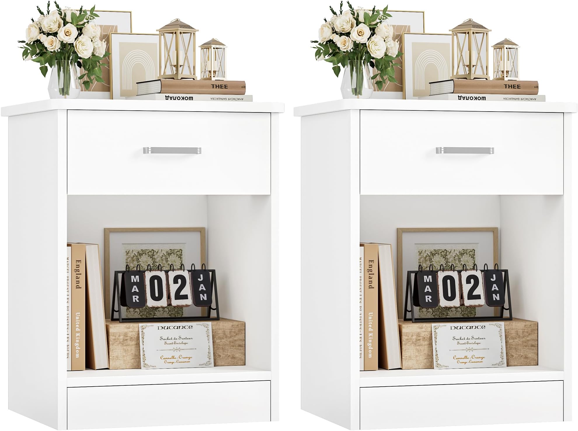 FOTOSOK Nightstand Bedroom Furniture, Set of 2, 2-Tier Side Table with Drawer and Storage Shelf, Bedside Table End Table Nightstands, Modern Night Stand for Bedroom, Home Office, White