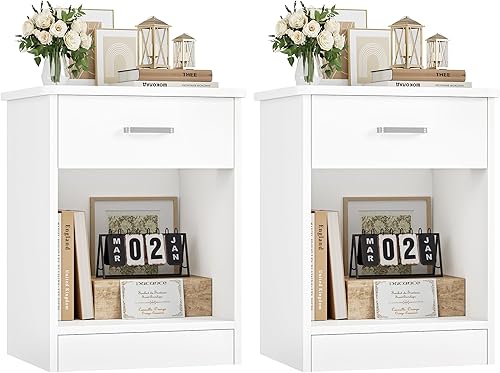 Miniatura 8 de FOTOSOK - Mesita de noche, mesa auxiliar de 2 niveles con cajón y estante de almacenamiento, mesa de noche, mesa auxiliar moderna para dormitorio,