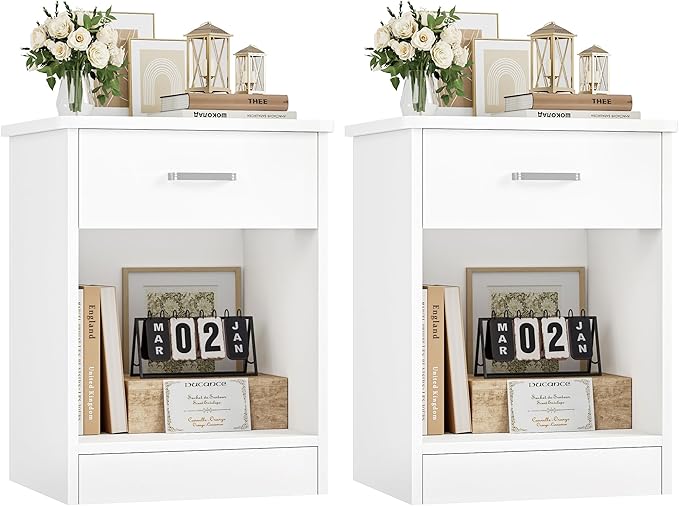 FOTOSOK Nightstand, Set of 2, 2 Tier Nightstand with Drawer and Storage Shelf, Bedside Table End Table, Modern Night Stand for Bedroom, Home Office,White