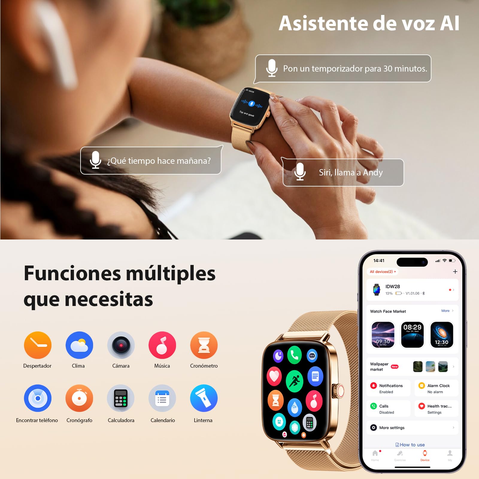 Yoever Reloj Inteligente Mujer, 1.85" Smartwatch Mujer con Llamadas y Whatsapp Notificación, SpO2/Pulsómetro/Sueño/Podómetro, 110 Modos Deporte, IP68 para Android iOS Dorado