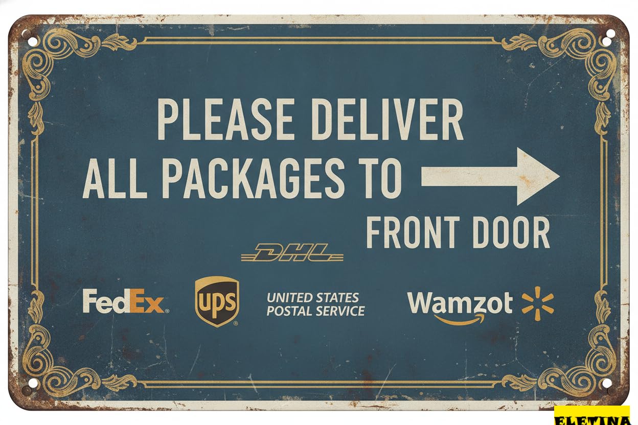 Deliver Packages To Front Door Arrow Tin Sign, 12x8 Inch