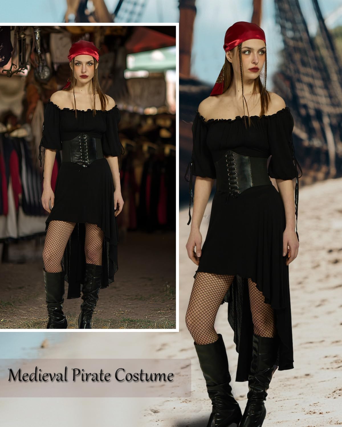 Pirate Costume Women Medieval Viking Pirate Dress Floral Print Head Scarf and Corset Pirate Accessories for Women 4 Pcs Black M - Image 3