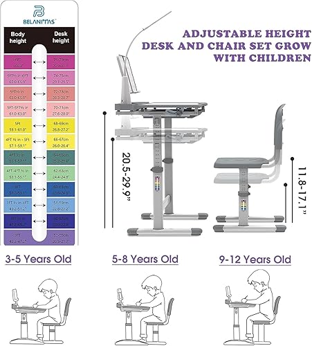 Miniatura 21 de BELANITAS Juego de escritorio y silla para niños de 5 a 8 años, escritorio de escritorio inclinable de 40 grados para niños, escritorio para niños