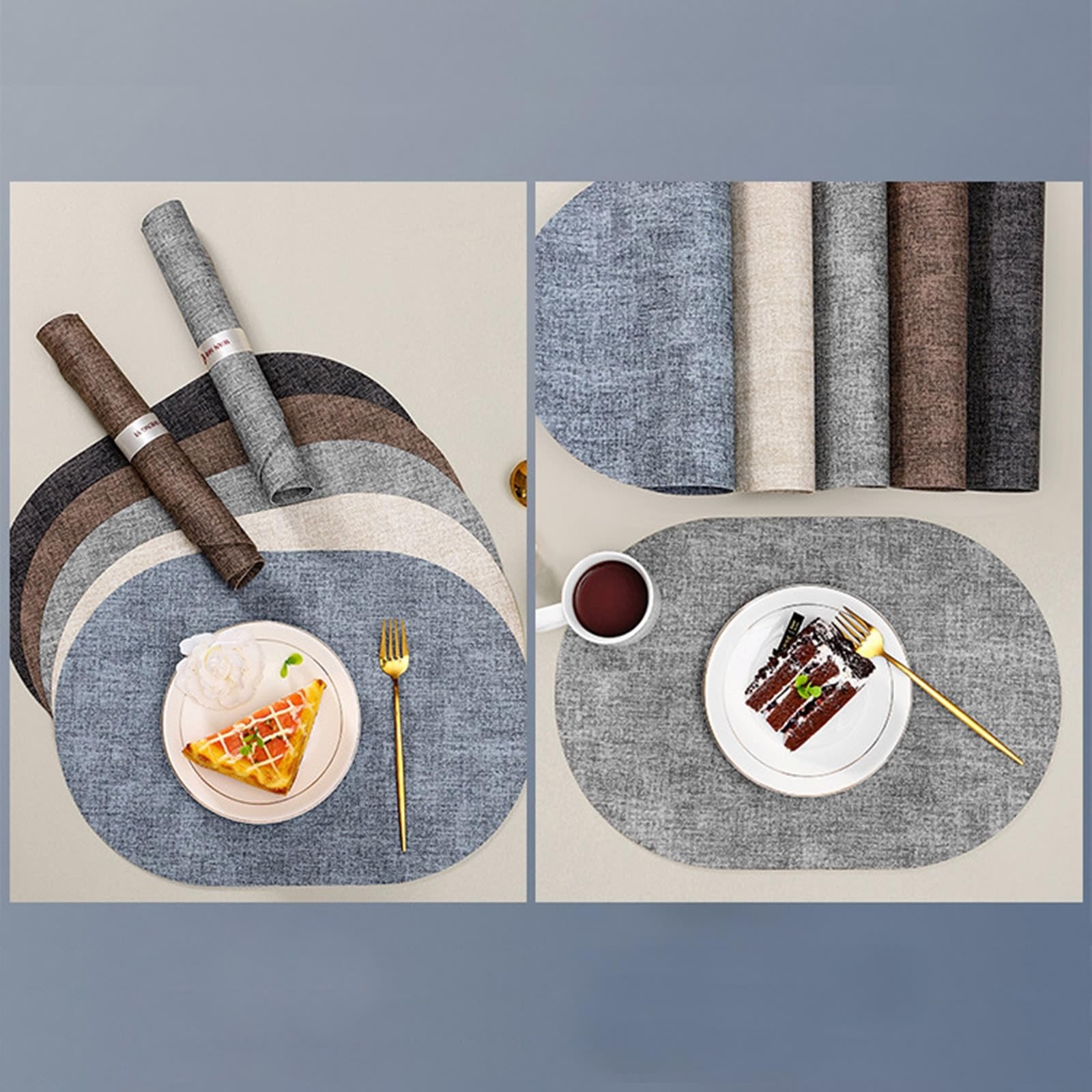 AMDXD Lot de 6 sets de table ovales rétro vintage - En cuir synthétique - Couleur unie - Texture tissée - Antidérapants - Gris clair - Pour restaurant, table à manger - 30 x 44 cm