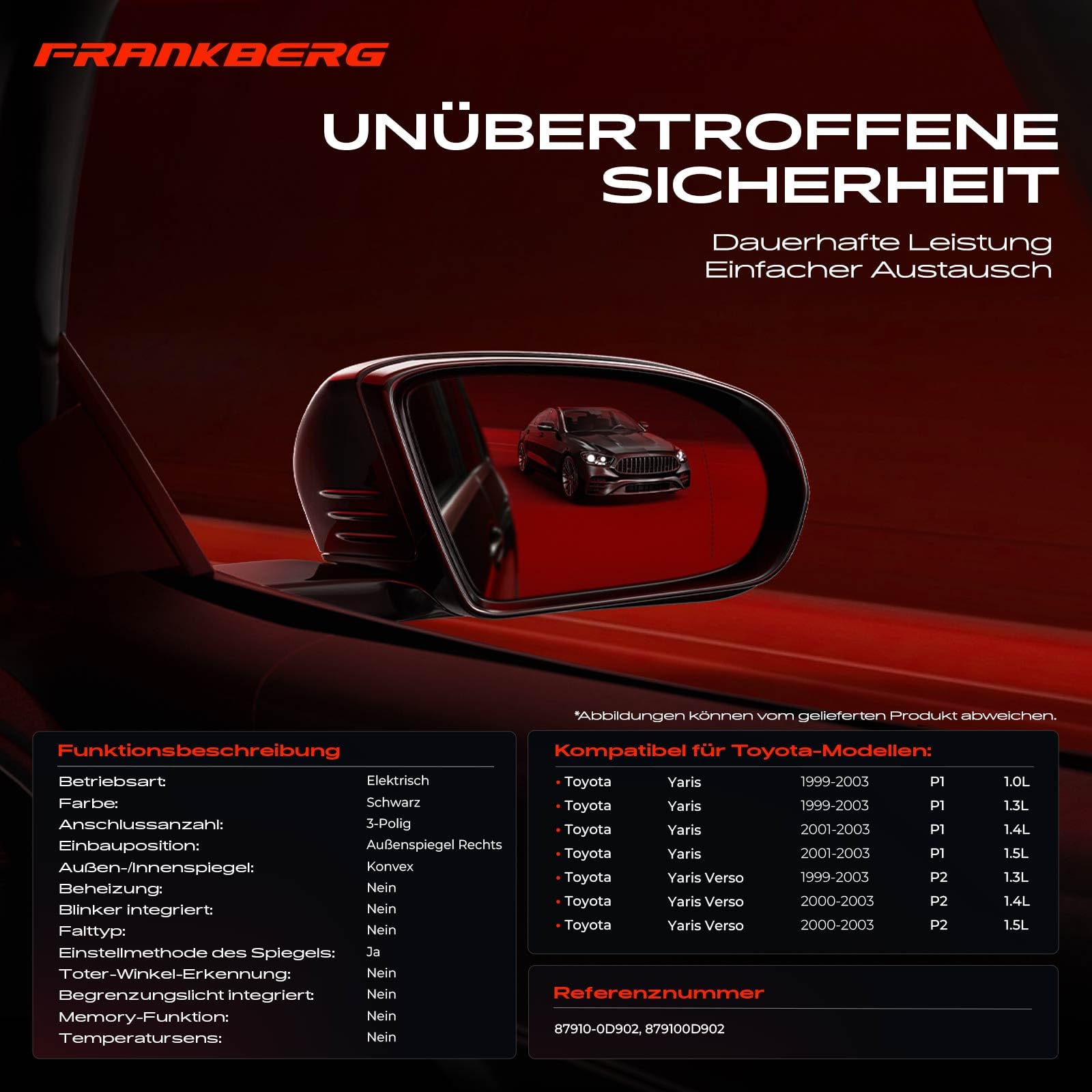Frankberg Specchio Specchietto Retrovisore Elettrico Destra 3-Poli Compatibile con Yaris P1 1999-2003 Yaris Verso P2 1999-2003 Replace# 879100D902