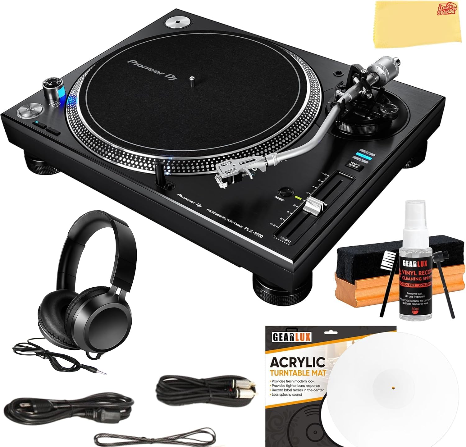 Pioneer DJ PLX-1000 Professional Direct Drive Turntable - Black Bundle with Headphones, Slipmat, Cleaning Kit, and Austin Bazaar Polishing Cloth