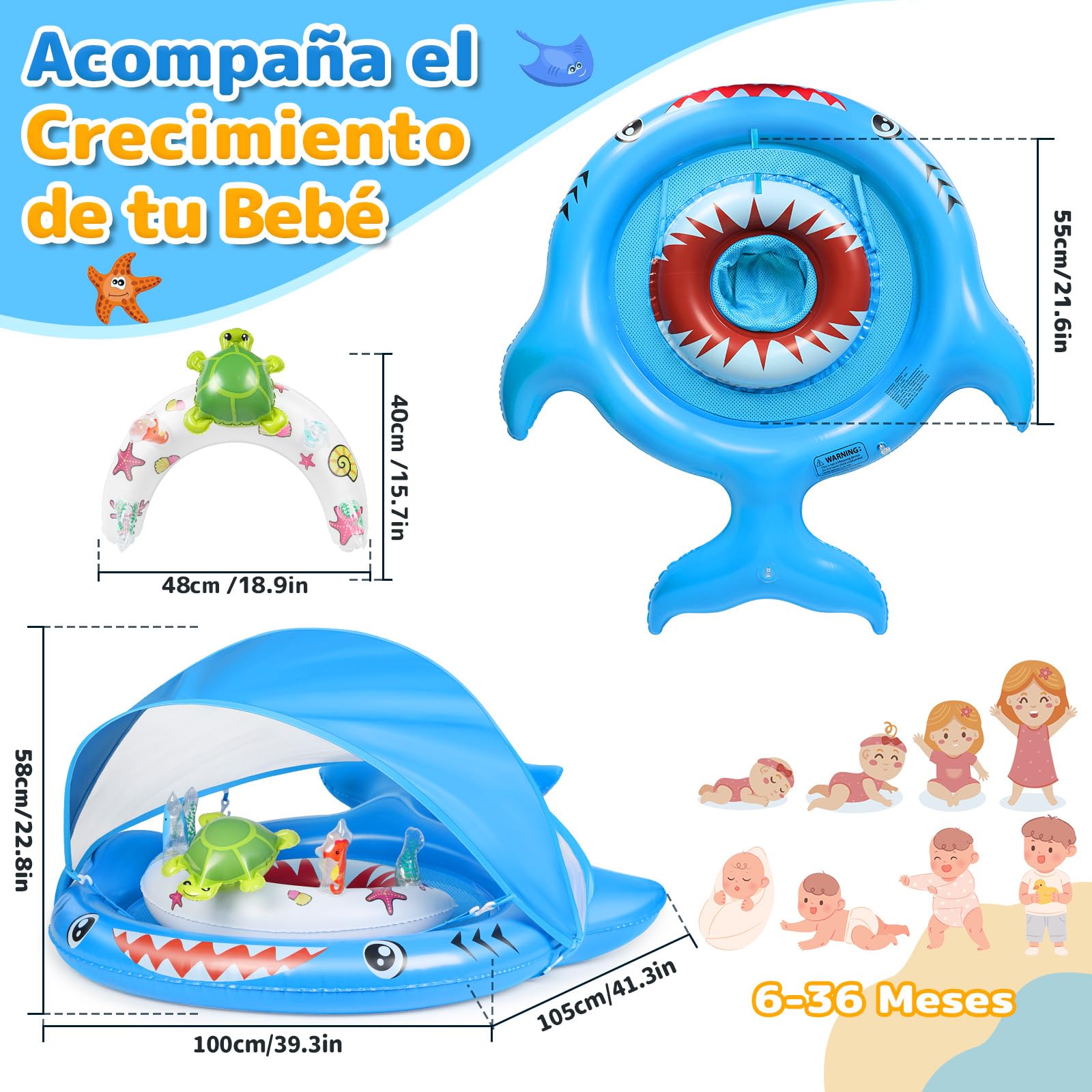 IEEILULU Flotador Bebe con Sombrilla, Flotador Antivuelco Bebe, Ajustable Sombrilla UPF50+ Flotador Piscina con Juguete en Forma de C de Tortuga y Pegatina de Reparación para 3-36 Meses