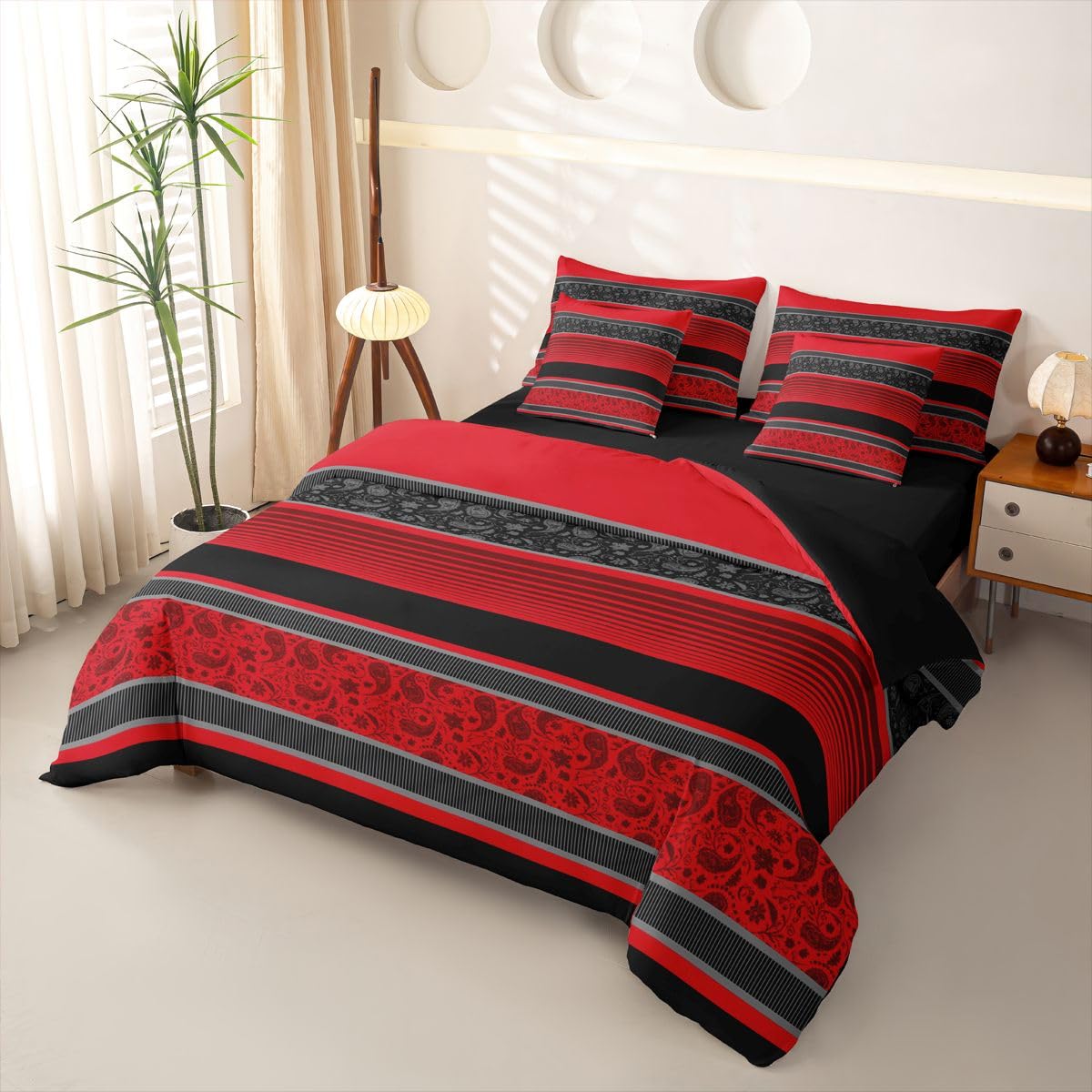 Homemissing Juego de funda de edredón de rayas rojas y negras tamaño King, juego de ropa de cama bohemio de 7 piezas, 1 funda de edredón, 1 sábana encimera, 1 sábana bajera, 2 fundas de cojín, 2