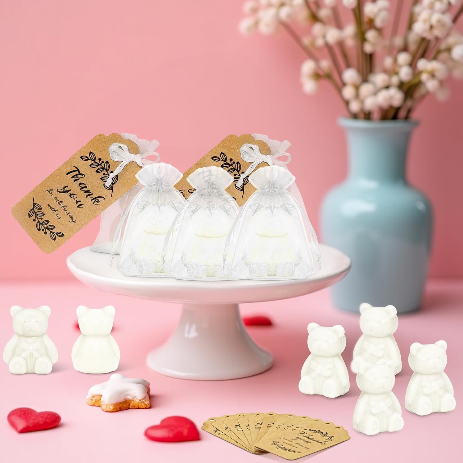 50 Stück Bären-Seife Gastgeschenke, Weiße Babyparty Seifen mit Dankeskarten und Verpackungsbeuteln, Gastgeschenke für Jungen und Mädchen, Baby Shower Dekoration & Giveaways (Weiß)