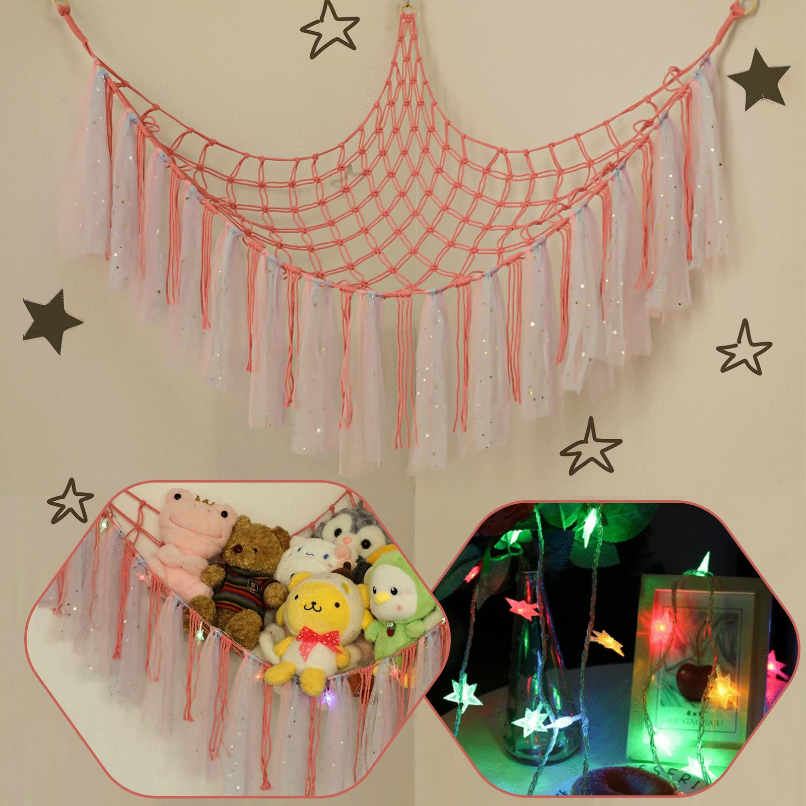 Stuffed Animals Net or Hammock with LED Light, 59 inch Toy Hammock Net for Stuffed Animals Corner Hanging Stuffed Animal Storage Stuffed Animal Holder for Nursery Kids Bedroom… (Dark Pink)