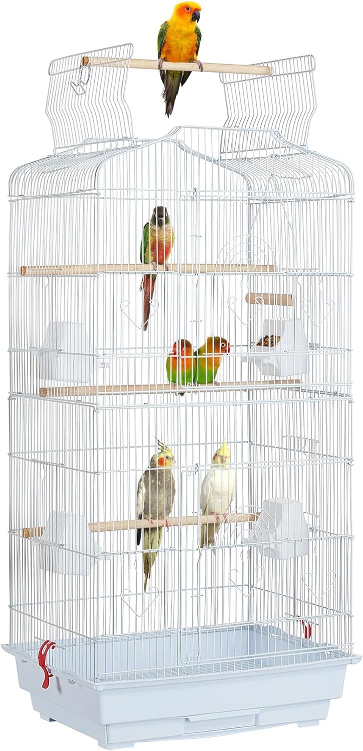 BAKAJI Gabbia Voliera per Uccelli, Pappagalli Inseparabili, Parrocchetti, Volatili, Tetto Apribile e Mangiatoie, Posatoi in Legno, Gabbietta con Vaschetta Removibile per Facile Pulizia (Bianco)