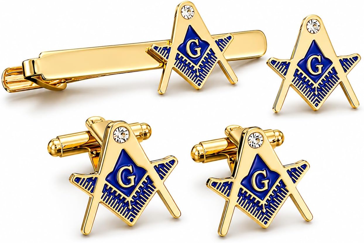 Masonic Tie Clip and Cufflink Set for Men – Gold Tone Square & Compass with Blue Enamel, 4-Piece Freemason Suit Accessories Gift Set for Business, Formal Wear & Lodge Meetings