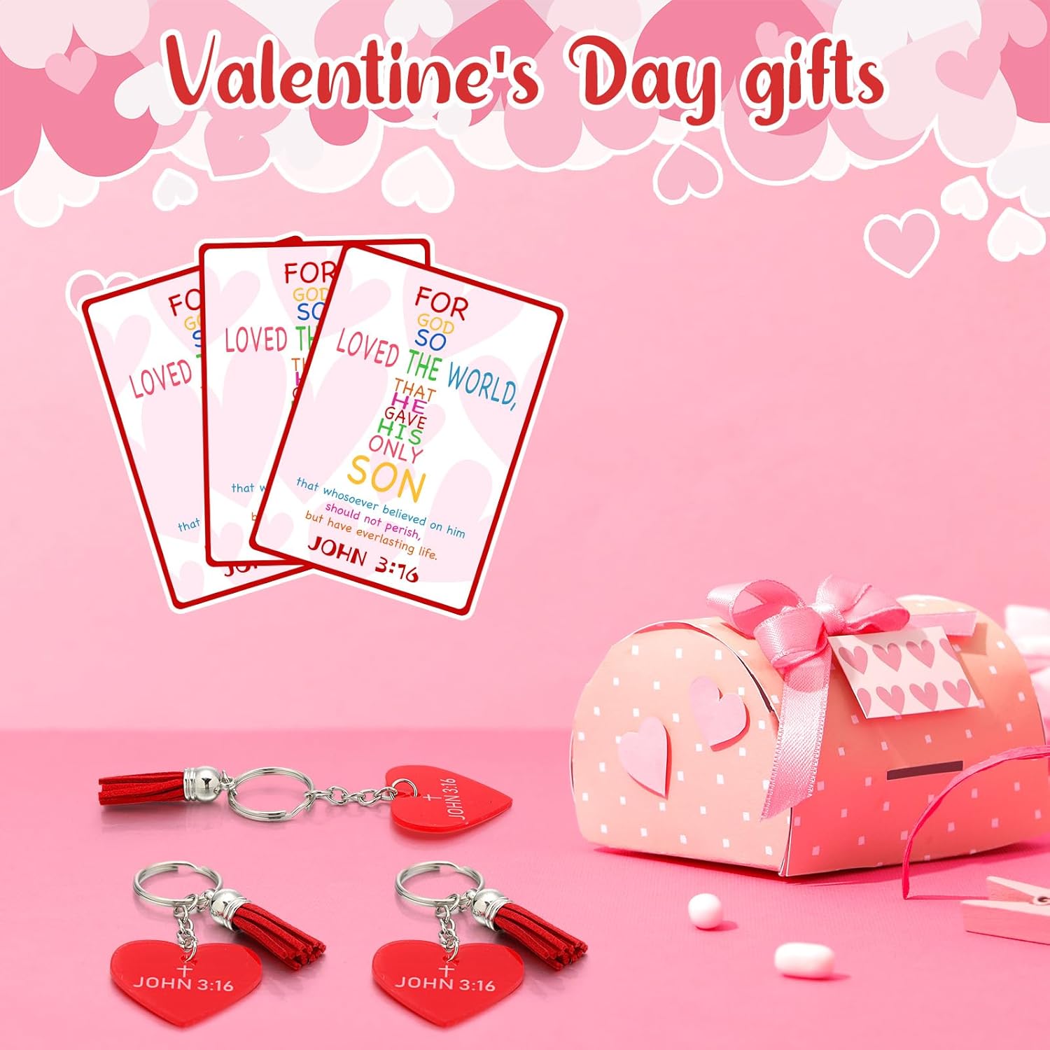 30 Set Christian Valentines Day Gifts Bulk Christian Valentines Cards and Heart Acrylic Keychains with Bags John 3: 16 Jesus Catholic Cards for Exchange Religious Group Gifts Party Favors