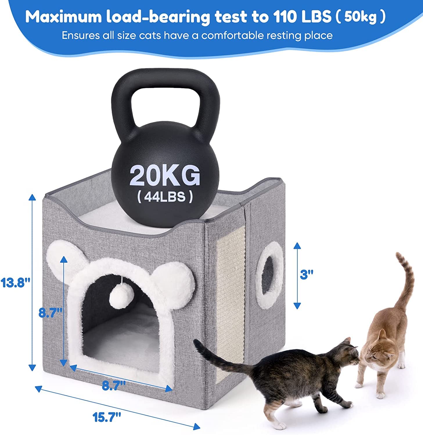 سرير للقطط في الاماكن المغلقة من فينيسين- منزل قطط بتصميم مكعب متعدد الاستخدامات مزود بلوح خدش للقطط وكرة منفوشة، سرير قطط مقاس كبير قابل للطي، مقاس 40 × 40 × 39 سم