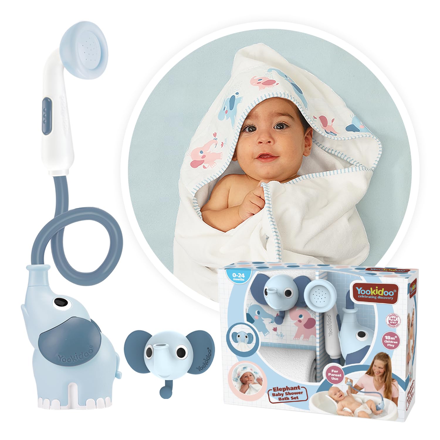 Yookidoo Ensemble Cadeau de pommeau de Douche éléphant pour bébé – Comprend Une Serviette à Capuche et Un Cintre – Contrôle de l'eau à partir de 2 Boutons de Coffre d'éléphant pour Un Maximum de