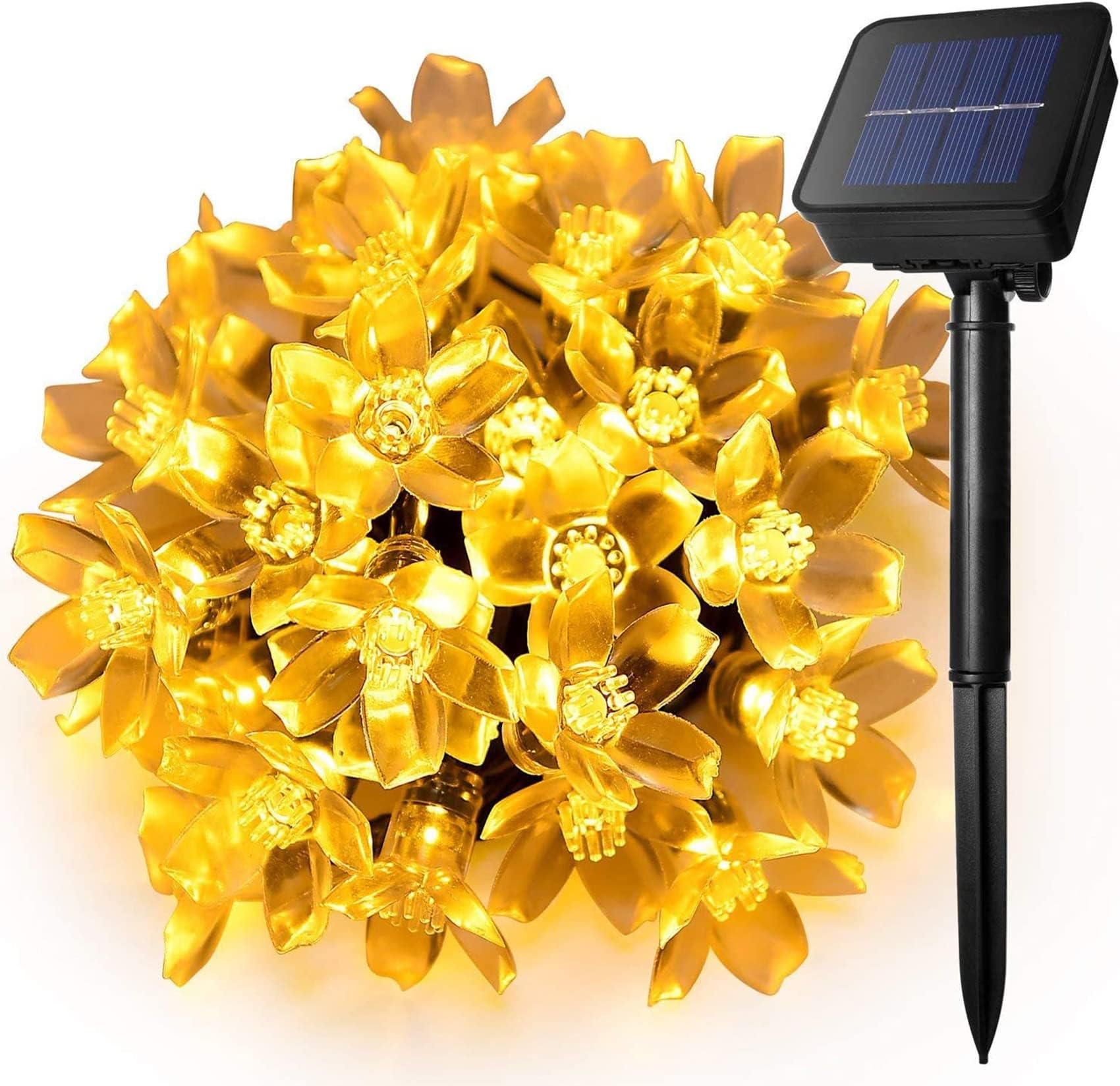 Luces de cadena solares al aire libre, con luces de hadas de flor de cerezo impermeables remotas 72 pies 200 Guirnalda de luces solares LED con 8 modos de iluminación (Blanco cálido)