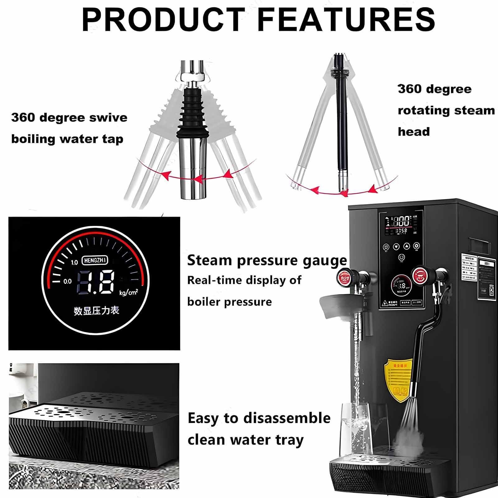 Espumador de leche comercial, 2500 W, 12 L, automático, para hervir agua, eléctrico, para café expreso, con pantalla LED, color gris.