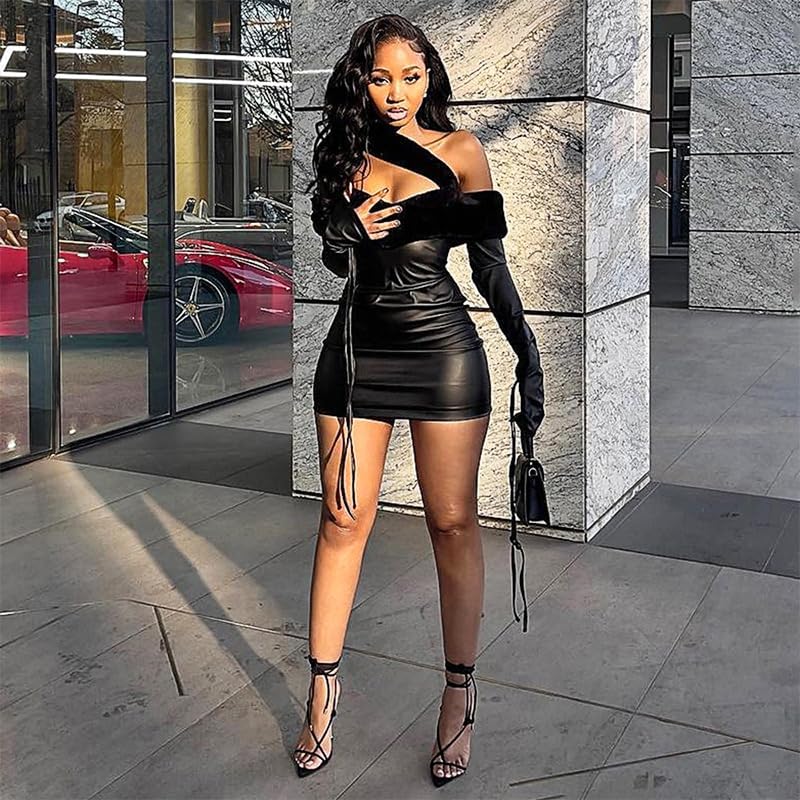 Women Sexy Faux Leather Mini Dress Faux Fur Patchwork Long Sleeve Bodycon Short Party Dress Club Outfits - Image 7