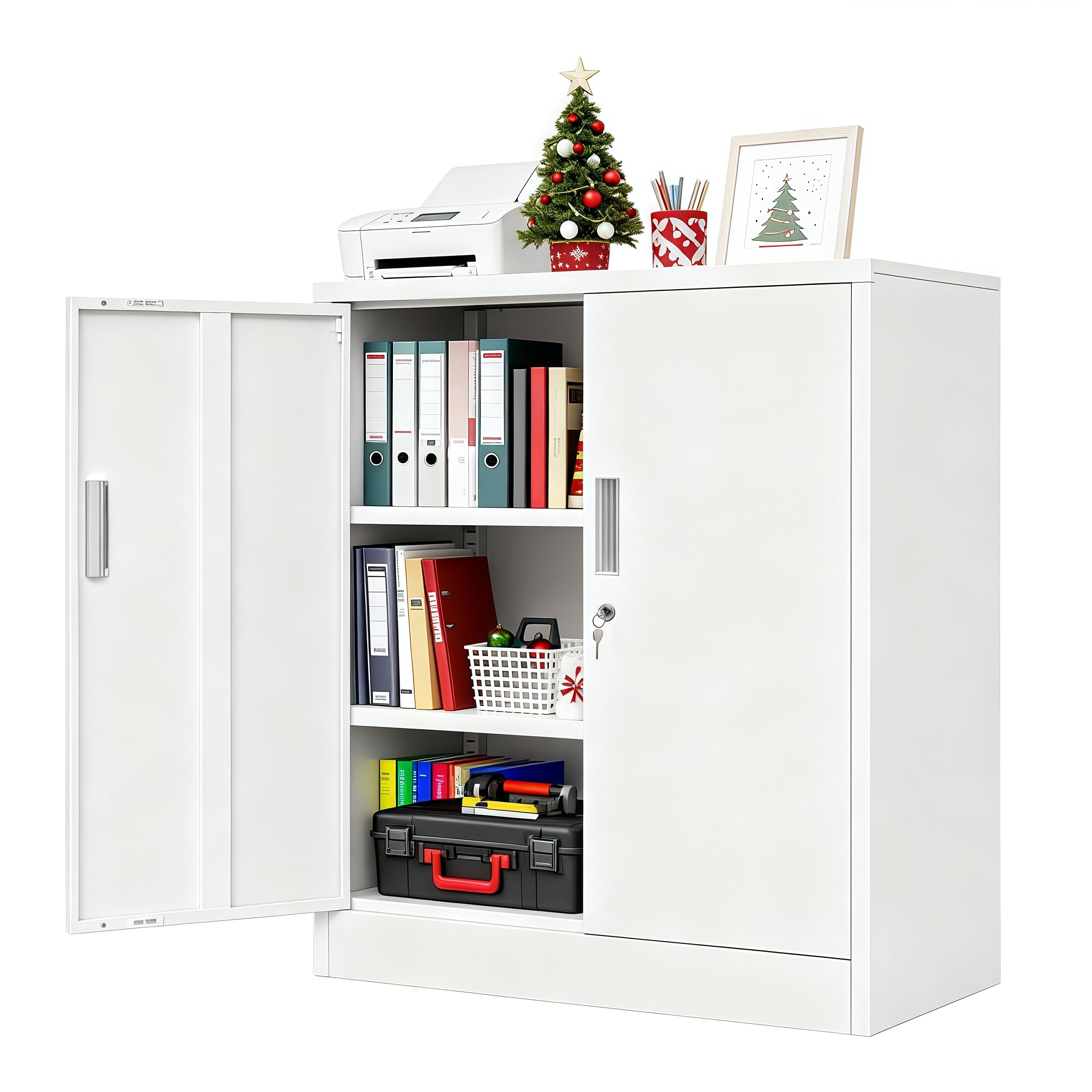 CJF Metal Storage Cabinets with Shelves and Doors, Steel Locking Cabinet for Home Office, Garage, Utility Room and Basement, 36.2" H x 31.5" W x 15.7" D (White)