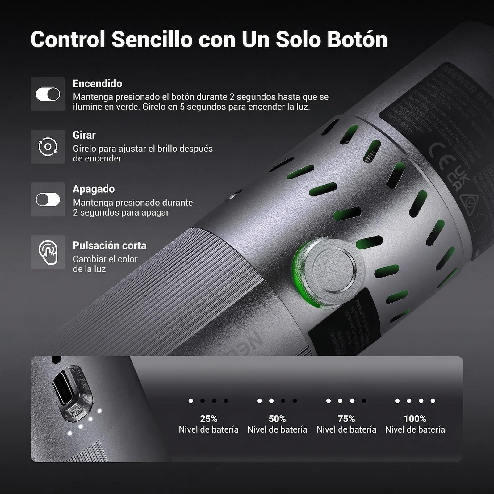 NEEWER Basics 20W RGB Linterna Fotografía con 4 Colores y 20 Filtros GOBO, Batería Integrada 49,95Wh, 6300K CRI 95+ Foco LED Portátil con Luz Ambiental Atardecer para Estudio Grabación Vídeo, FL20