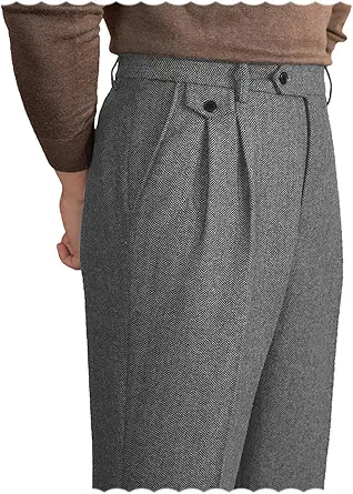 Men's Tweed Herringbone Vintage Dress Pants - Regular Fit Suit Trousers for Men