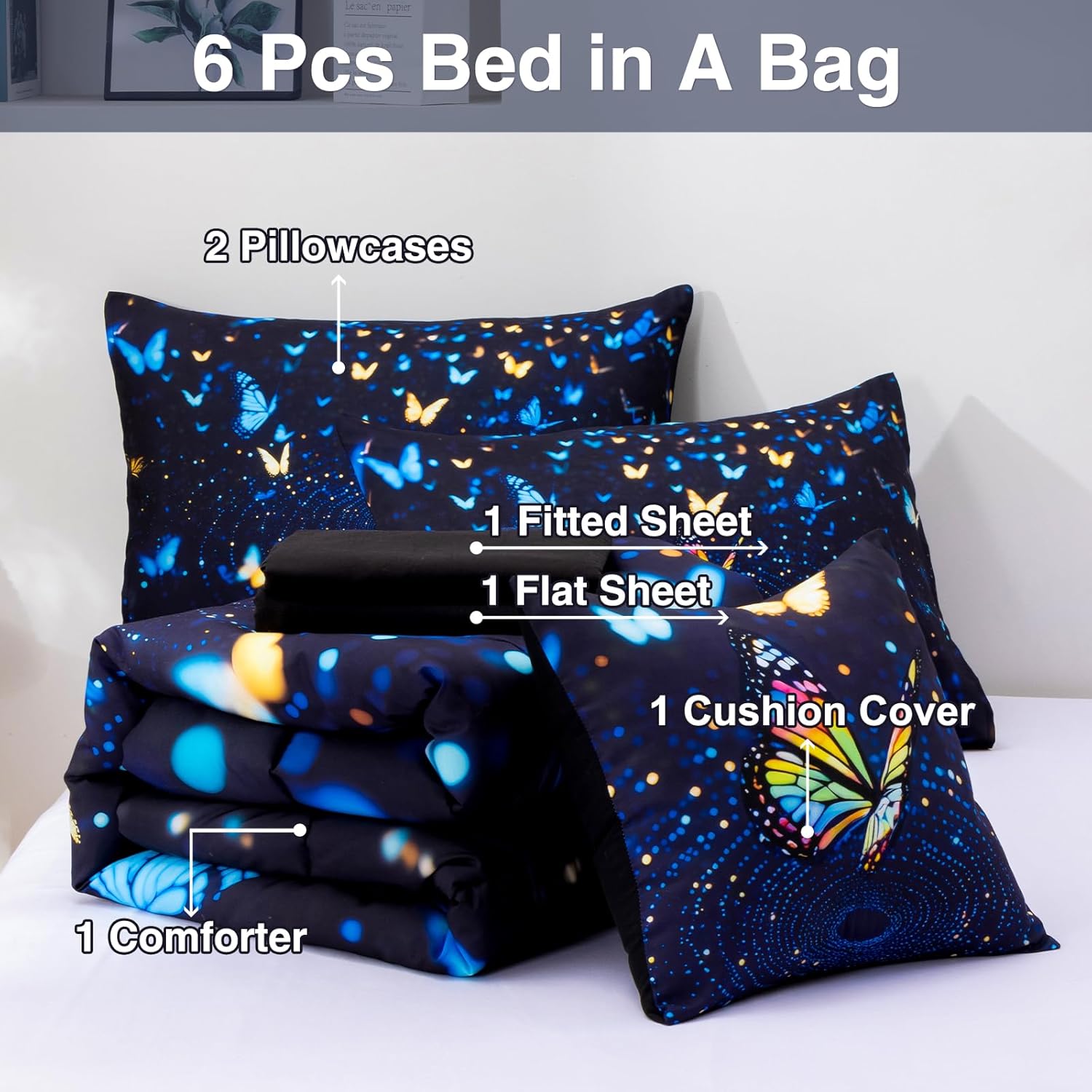 A Nice Night Butterfly 3D Kids Bedding Comforter Set, 6-Piece Queen Comforter Sheet & Pillowcases, Vibrant Neon Night Light Effect for Girls Boys Bedroom, BlackBlue