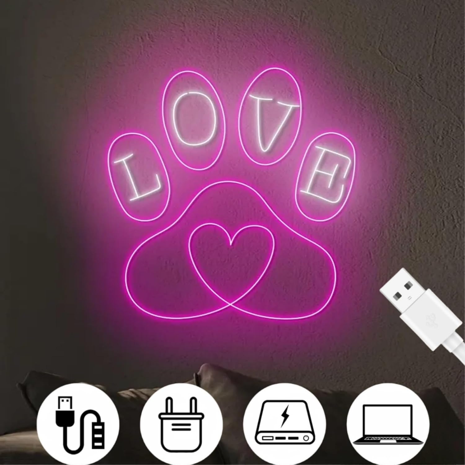 Paw Dog Heart Neon Sign, Paw Pet Neon Light, Pet Clinic Wall Art, Pet Spa Grooming Wall Decor For Pets Art Kids Wall Room Decor Birthday Party