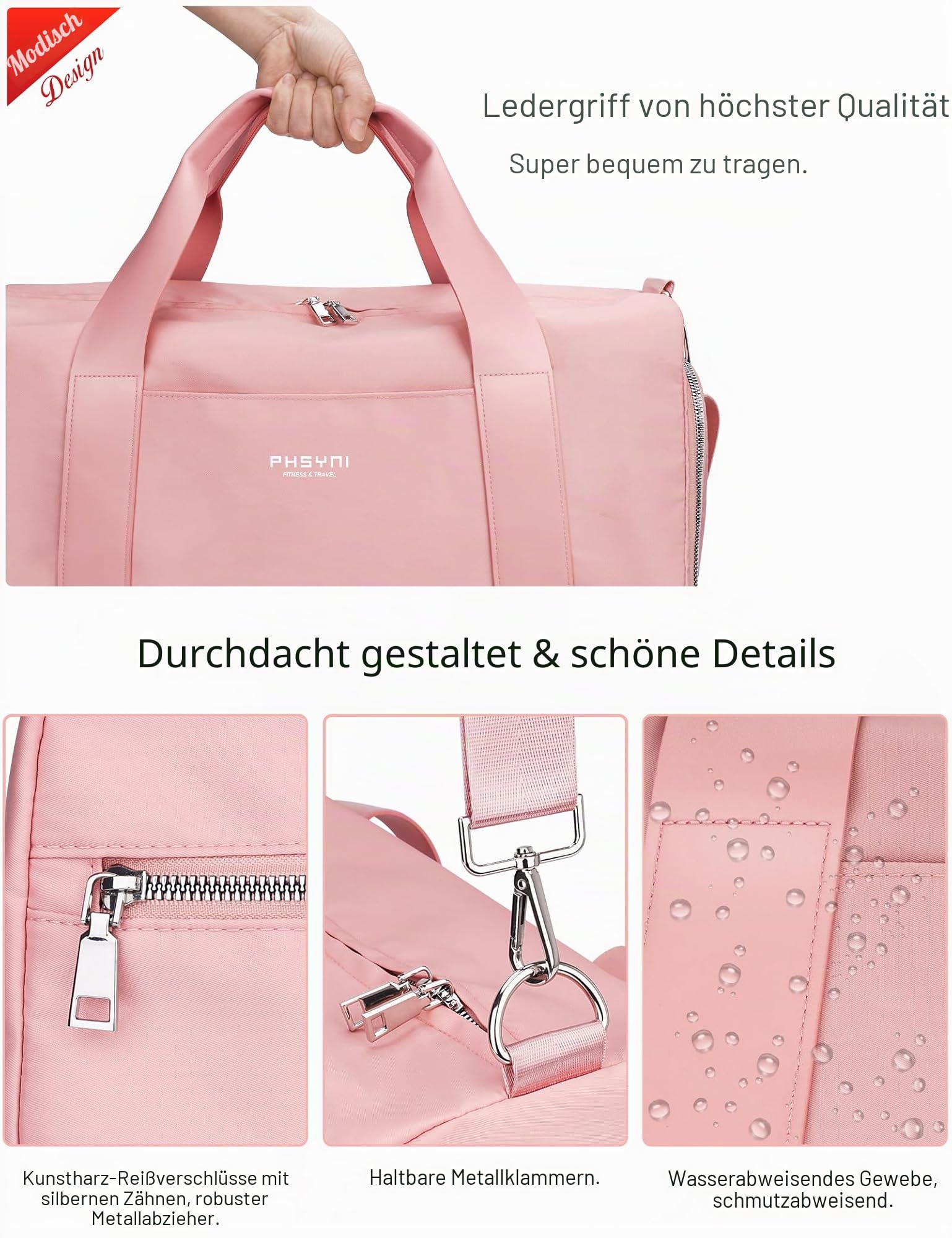 19 Zoll Sporttasche Reisetasche für Damen und Herren,wasserdichte Handgepäcktasche,Trainingstasche für Reisen Schwimmenmit Schuhfach und Nassfach,Griff aus PU Leder (Rosa,49x20x25 cm,25L)