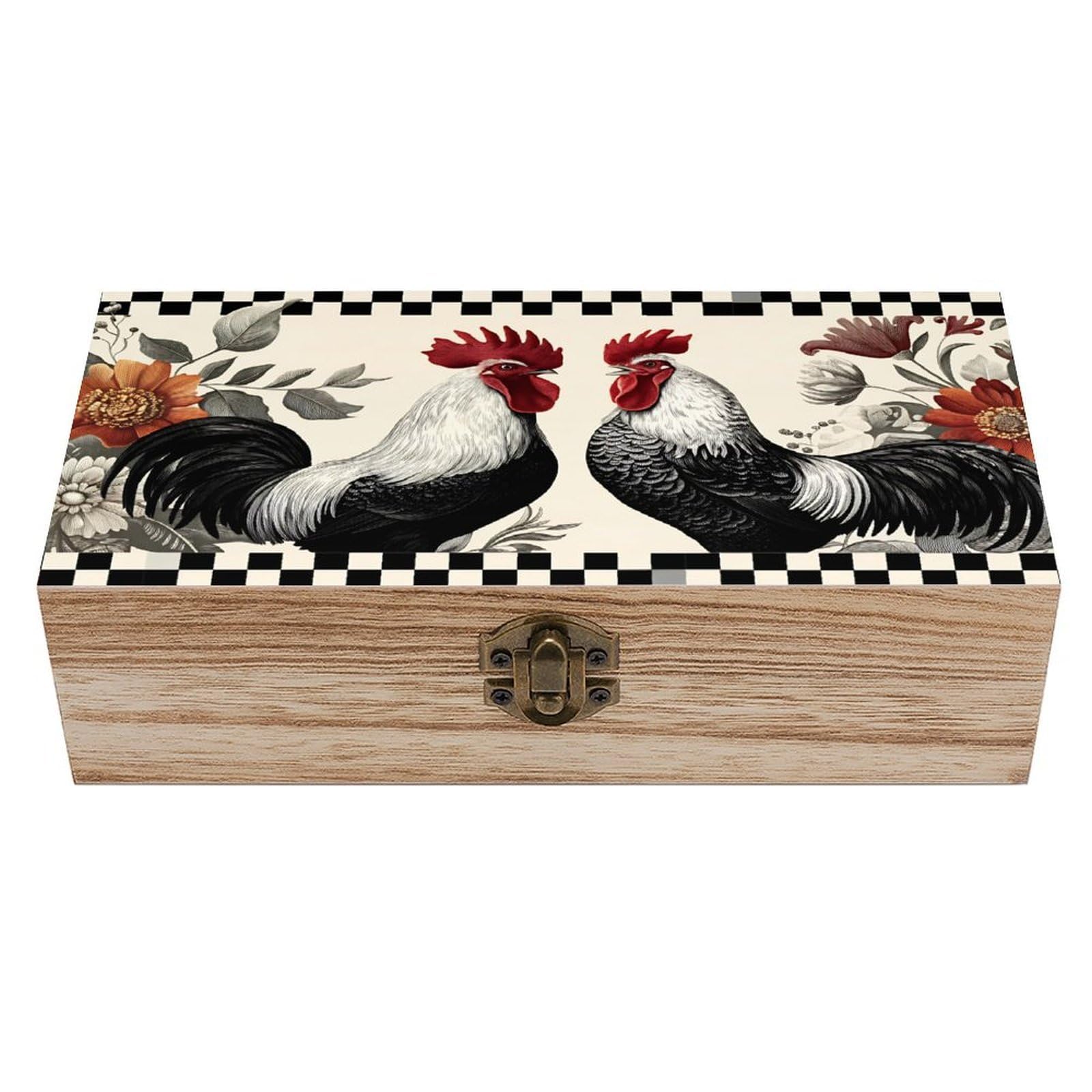 SMAZDFXX Rooster Floral Checkered Wooden Keepsake Box Vintage Solid Wood with Hinged Lid 7.9"×3.7"×2.3" Metal Latch Rustic Home Decor for Jewelry Photos And Trinkets