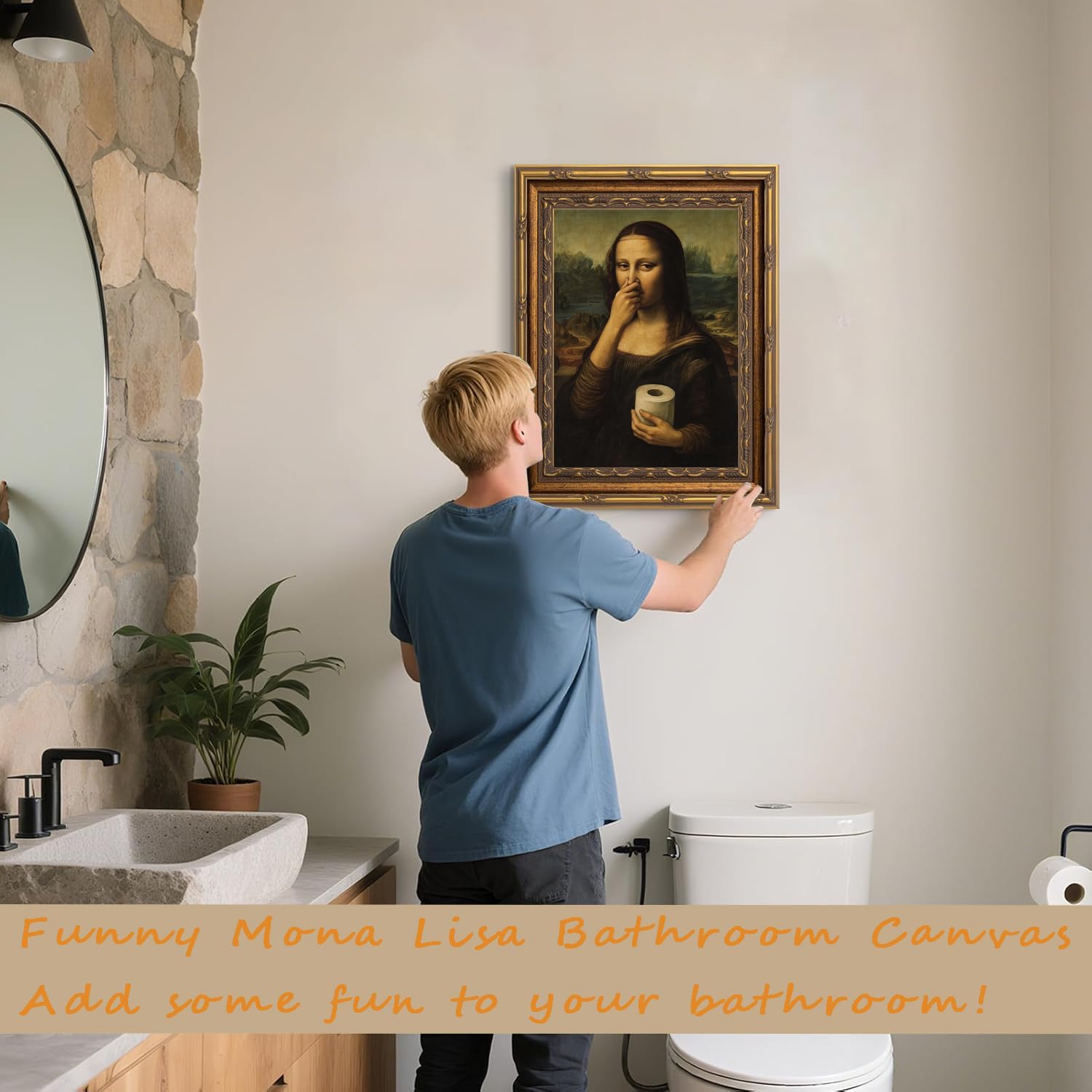 Vintage Gold Carving Framed Mona Lisa Canvas Wall Art Funny Mona Lisa Painting Pictures Wall Decor Humor Amusing Toilet Pinching Nose Poster Prints Artwork for Bathroom Restroom Home Decor 12x16 in