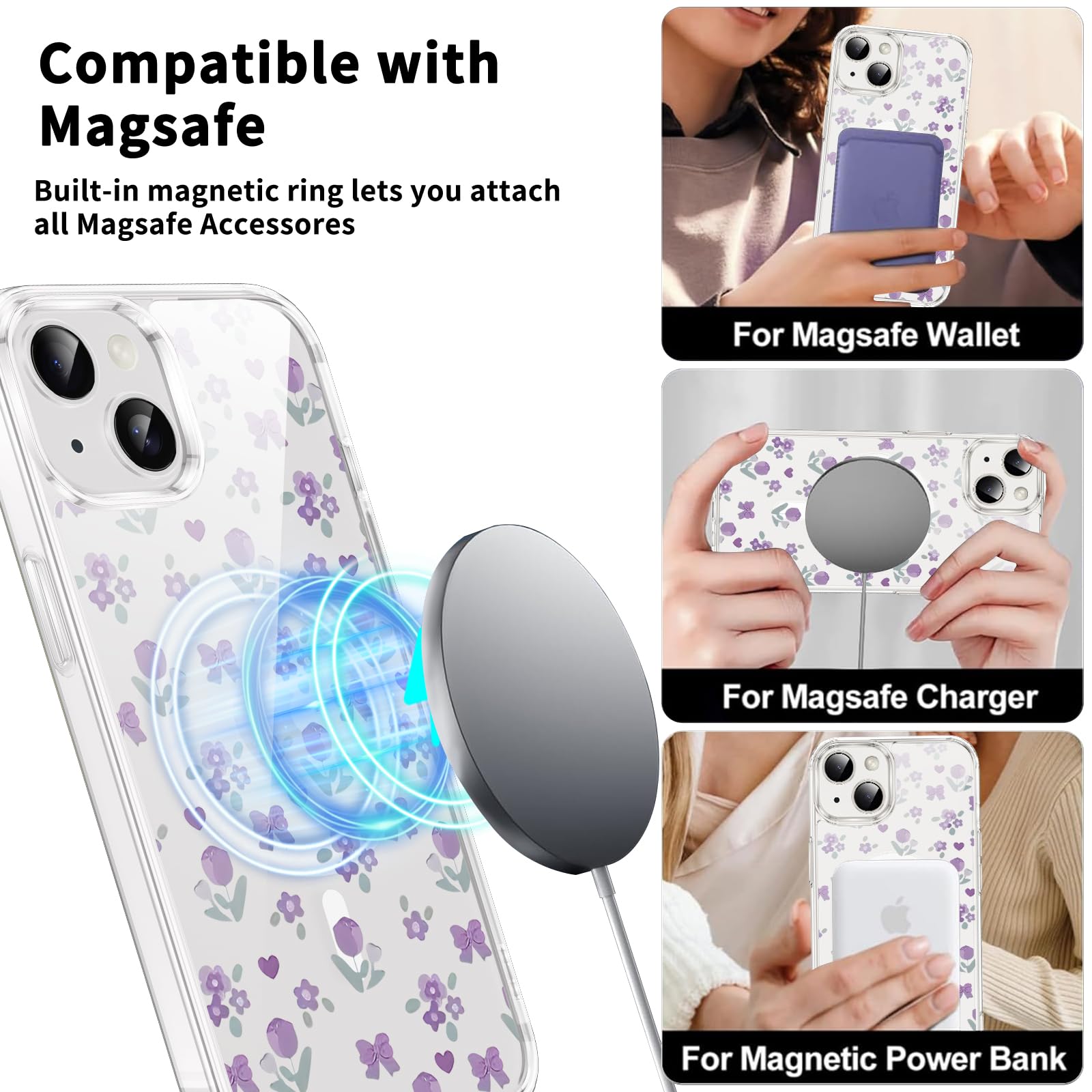 Bonita funda magnética con lazo transparente para iPhone 14 de 6.1 pulgadas, compatible con MagSafe, estética funda protectora de TPU suave y a prueba de golpes para mujeres y niñas