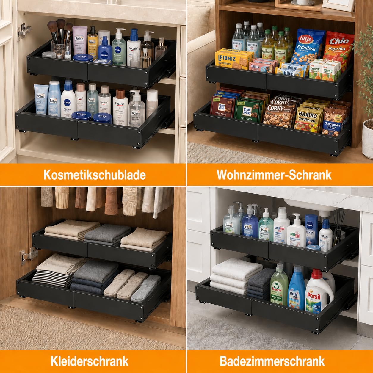 Teleskopschublade, 2 Stück, Weiß | Verstellbar 29–48 cm Breite, 41,5–55 cm Tiefe, Ausziehbar, Küchenschrank Organizer, Stabil