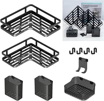 Corner Shower Caddy Kits,6Pcs Bathroom Shelves,Shower Storage Rack,Shelf Organiser No Drilling,Rust-Resistant Shower Caddy Organiser Wall Mounted with Soap Holder&Hooks&Toothpaste Holder (Black)