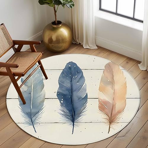 Miniatura 2 de Round Rugs 6ft, Colorful Feather Non-Slip Area Rugs for Living Room Bedroom Entryway, Watercolor Retro Rustic Wooden Grain Washable Carpet Runner