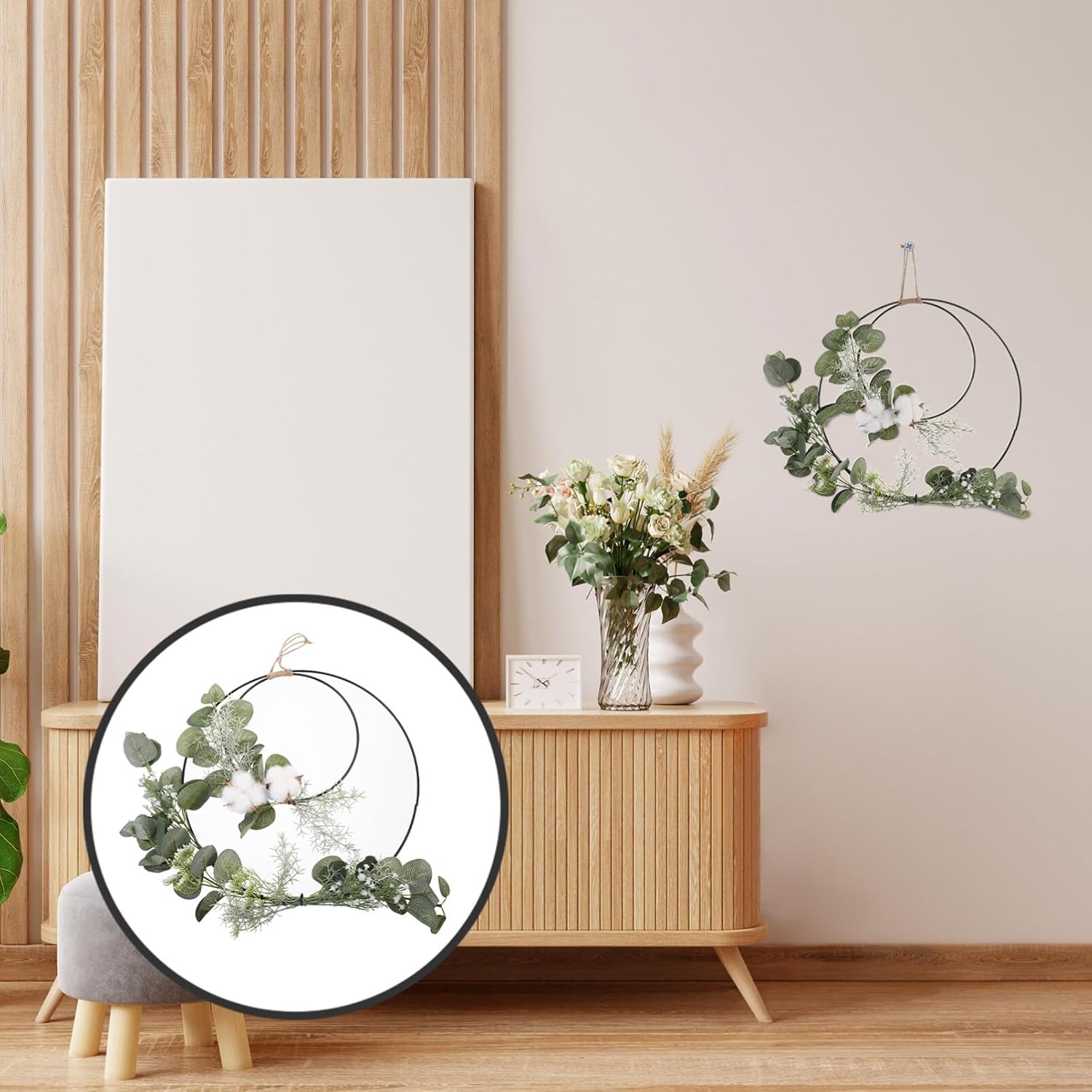 Garneck Artificial Floral Hoop Wreath Boho Wreaths for Front Door Hanging Eucalyptus Garland Wall Decor Household Phalaenopsis Flower Hoop Decorations Summer Wedding Door Wall Flower Ring Decor