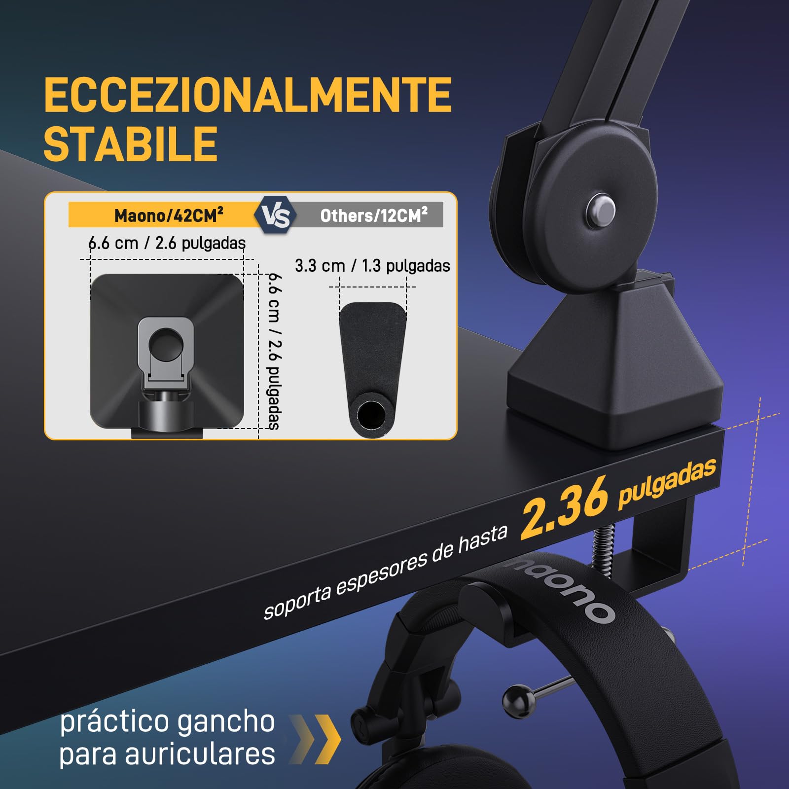 MAONO Brazo Microfono Ajustable, Soporte con Adaptador 3/8" a 5/8", Compatible con Blue Yeti, HyperX QuadCast/SoloCast, Elgato Wave, FIFINE, Ideal para Podcast, Streaming, Juegos, BA37 Negro